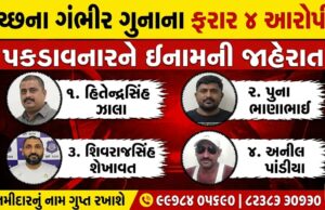 કચ્છના ગંભીર ગુનાના ફરાર ચાર આરોપીની માહિતી આપનારને ઇનામ !