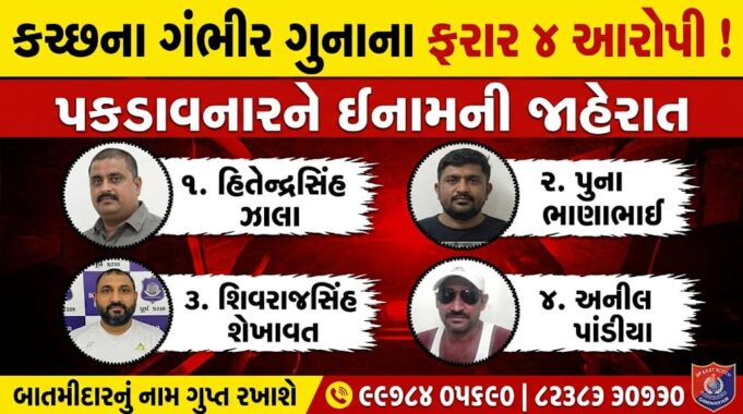 કચ્છના ગંભીર ગુનાના ફરાર ચાર આરોપીની માહિતી આપનારને ઇનામ !